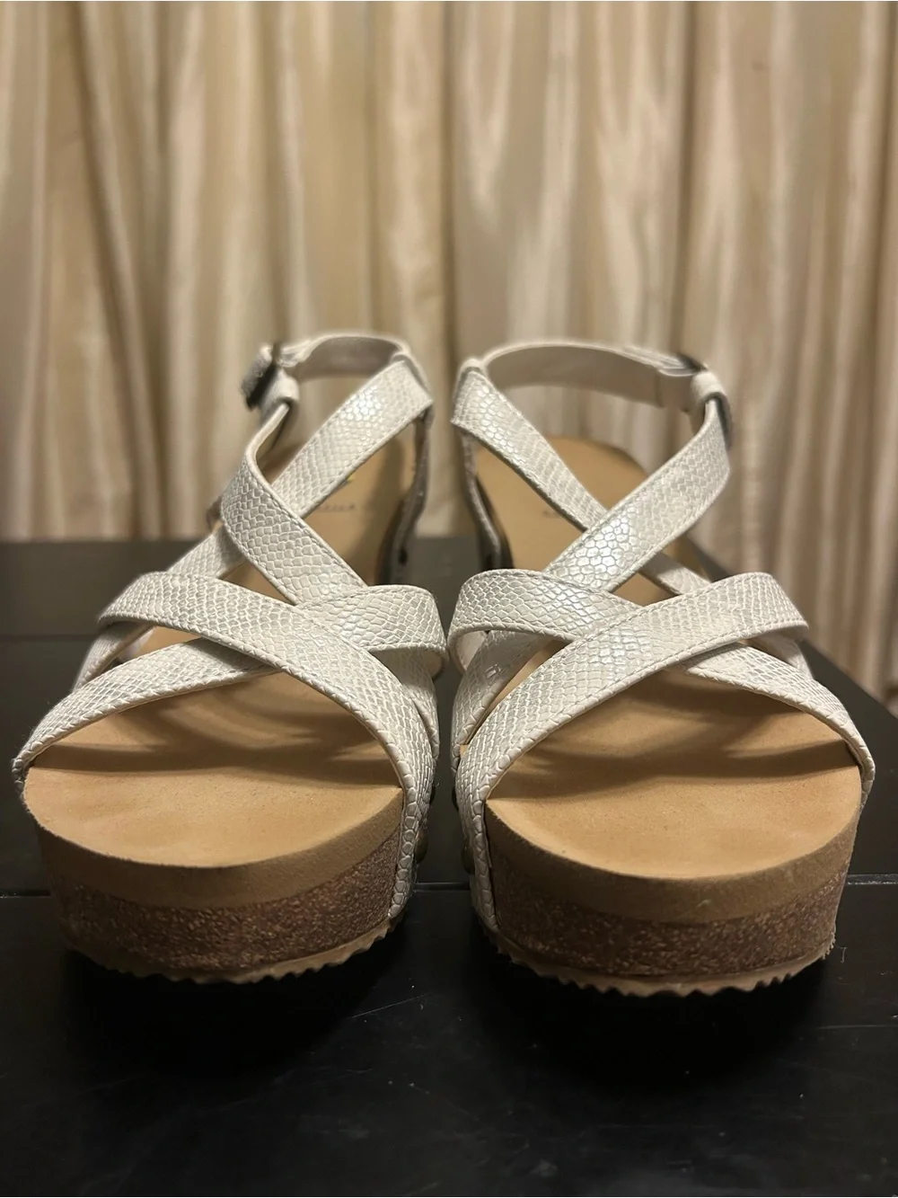 Volatile Off White Textured Strappy Cork Wedge Sandals with Ankle Buckle
